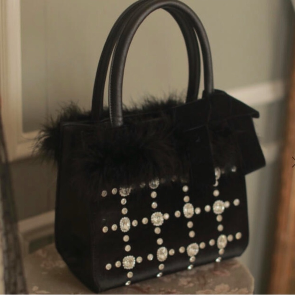 Swankiss Japanese Lolita Black Velvet Fur Gem Crystal Handbag